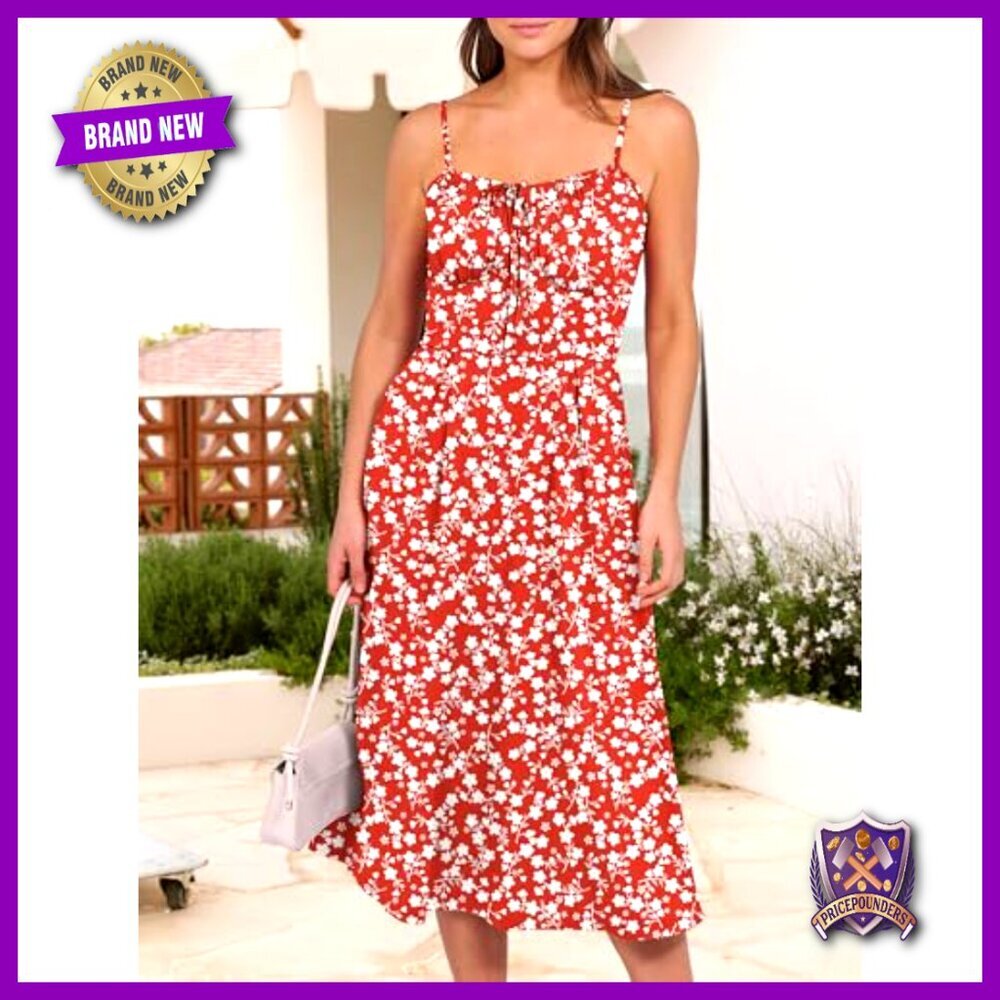 Floral Corset Spaghetti Strap Milkmaid Midi Sundress Elegant Wedding Guest - Picture 7 of 7
